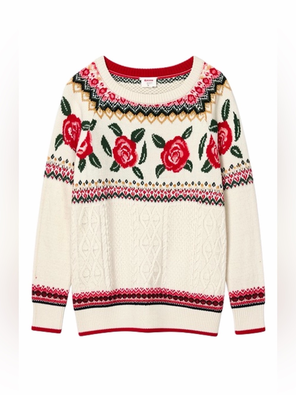 Massimo Cream Cable-Knit Crewneck Sweater with Red Rose Fair Isle